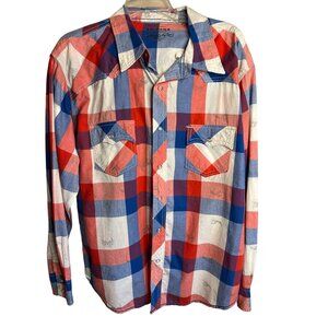 Western Men's XL plaid red white blue skulls long sleeve pockets snap up